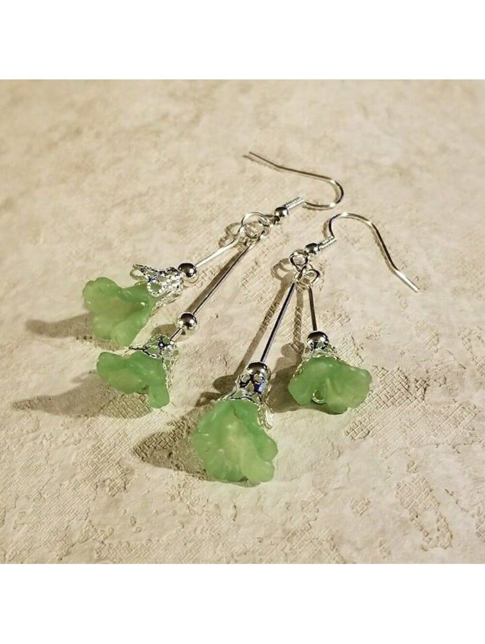Frosted Green Double Tulip Filigree Dangle Earnings